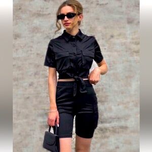 Buttoned Crop Top & High Waist Shorts Set